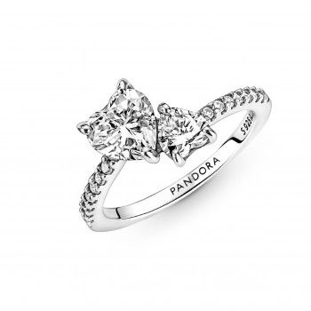 Pandora® 'Double heart sparkling' Dames Zilver 925 925 Ring (sieraad) - Zilverkleurig 191198C01